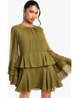 Boohoo Crinkle Chiffon Ruffle Flare Sleeve Mini Dress - Green