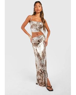 Boohoo Foil Maxi Skirt With Back Strap Detail - White