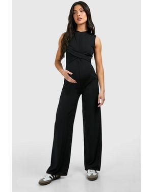 Boohoo Maternity Rib Sleeveless Knot Detail Lounge Jumpsuit - Black