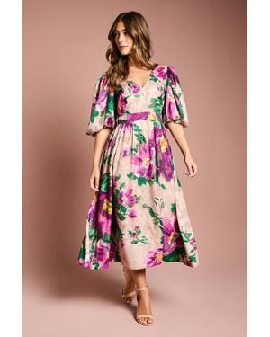 Coast Printed Puff Sleeve Bow Detail Jacquard Midi Dress - Pink