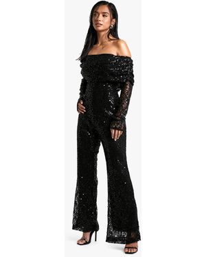 Boohoo Petite Bardot Sequin Lace Jumpsuit - Black