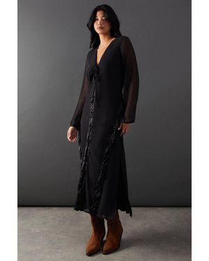 Warehouse Chiffon Lace Up Paneling Midi Dress - Black