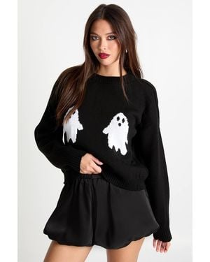 Boohoo Crew Neck Ghost Halloween Crop Sweater - Black