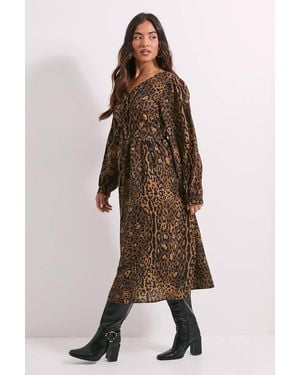 Dorothy Perkins Leopard Animal Petite Bow Front Blouson Sleeve Printed Midi Dress - Brown