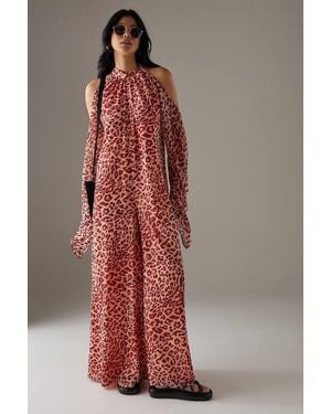 Warehouse Bohemian Halter Cold Shoulder Flared Sleeve Jumpsuit