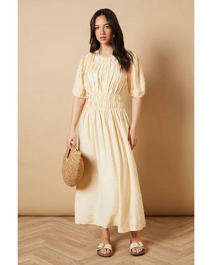 Oasis Shirred Bodice Puff Sleeve Midi Dress - Natural