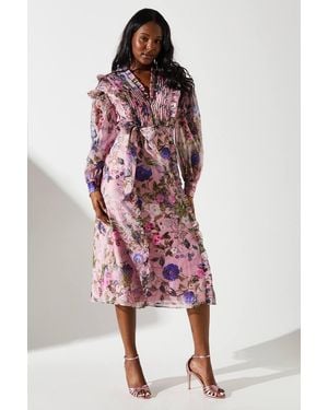 Coast Printed Organza Frill Trim Midi Dress - Red