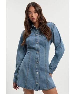 Boohoo Long Sleeve Cinched Waist Denim Dress - Blue