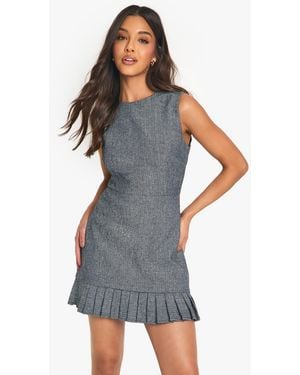 Boohoo Tweed Tailored Pleated Hem Mini Dress - Blue
