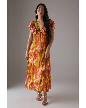 Warehouse Petite Floral Frill Tie Front Midi Tea Dress - Gray