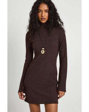 Boohoo Brushed Rib Roll Neck Mini Dress - Brown