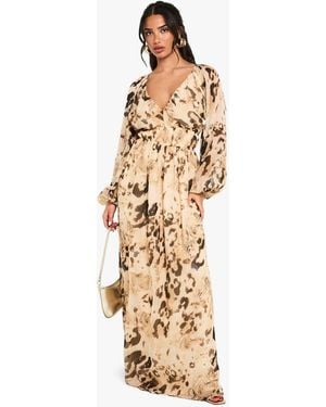 Boohoo Petite Animal Printed Chiffon Volume Sleeve Ruched Waist Maxi Dress - Metallic