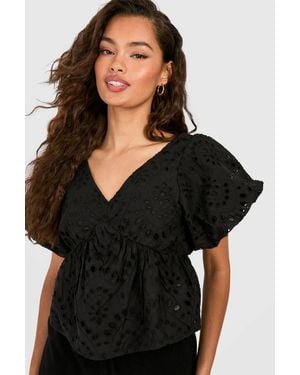 Boohoo Embroidery Frill Shoulder Top - Black