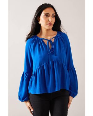 Wallis Petite Woven Tie Neck Smock Top - Blue