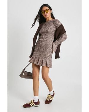Boohoo Check Shirred Long Sleeve Mini Dress - Brown