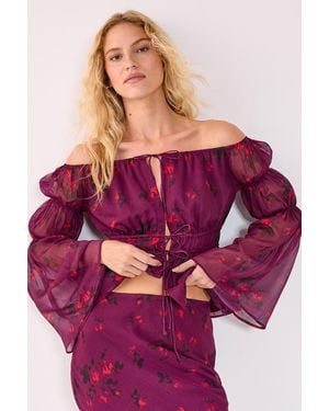 Nasty Gal Floral Chiffon Bardot Ruched Fluted Sleeve Top - Purple