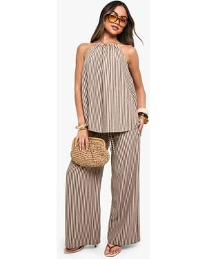 Boohoo Linen Look Stripe Wide Leg Pants - Natural
