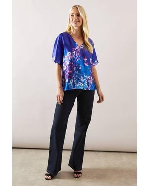 Wallis Floral Placement V Neck Top - Blue