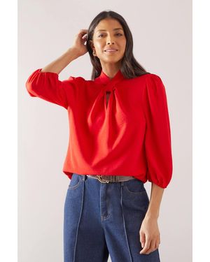 Wallis Woven Twist Neck Top - Red