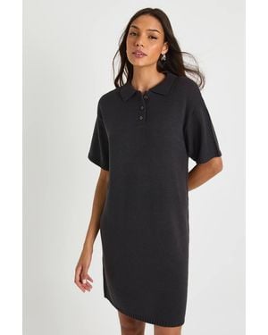 Boohoo Tall Collared Button Down Oversized Knitted Dress - Black