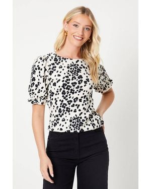 Dorothy Perkins Leopard Puff Shoulder Short Sleeve Top - Black