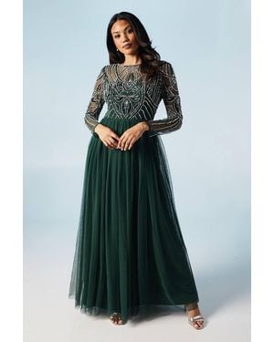 Coast Pearl And Bead Embellished Long Sleeve Tulle Bridesmaid Dress - Blue