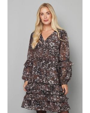 Wallis Petite Abstract Print Embellished Ruffle Shift Dress - Gray