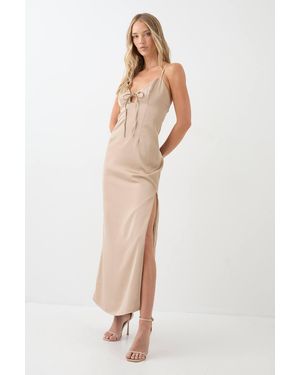 MissPap Tie Detail Strappy Satin Maxi Dress - Natural