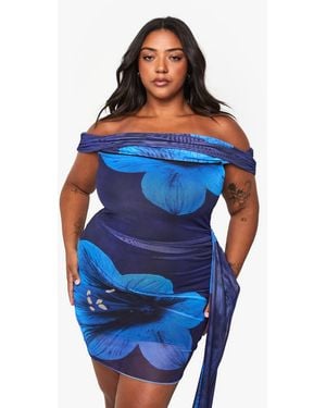 Boohoo Plus Floral Bardot Mesh Mini Dress - Blue