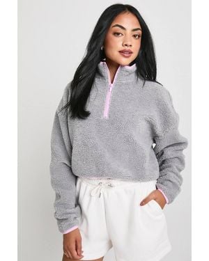 Boohoo Contrast Half Zip Funnel Neck Cropped Borg Sweatshirt - Gray