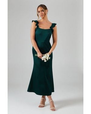 Oasis Ruffle Square Neck Satin Bridesmaid Midi Dress - Green