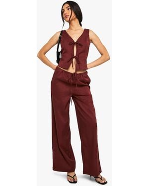 Boohoo Linen Look Tie Waist Wide Leg Trouser - Red