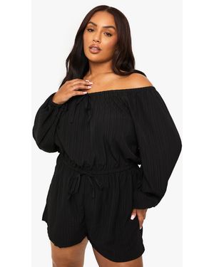 Boohoo Plus Textured Cheesecloth Off Shoulder Romper - Black