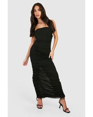 Boohoo Petite Mesh Bandeau Ruched Maxi Dress - Black