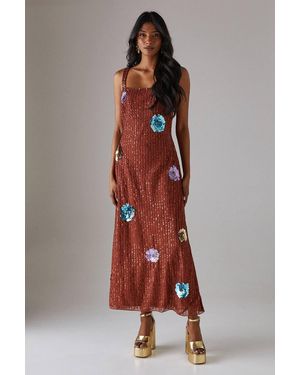Warehouse Hand Embellished Flower Burst Strappy Sequin Slip Midi Dress - Orange