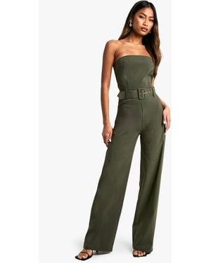 Boohoo Belt Trim Bandeau Wide Leg Jumpsuit - Green
