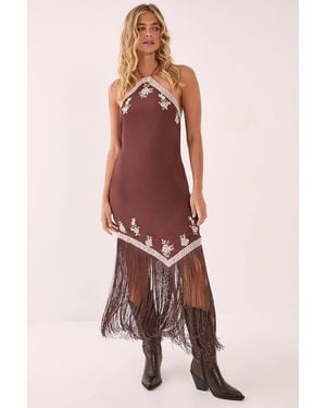 Nasty Gal Embroidered Halter Neck Tassel Mini Dress - Brown