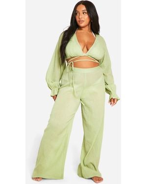 Boohoo Plus Tie Front Top And Trouser Beach Coord - Green