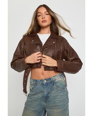 Boohoo Vintage Look Faux Leather Crop Biker Jacket - Gray