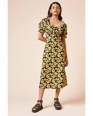 Dorothy Perkins Petite Floral Frill Neck Jersey Midi Dress - Yellow