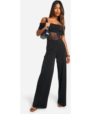 Boohoo Bardot Mesh Panel Wide Leg Jumpsuit - Blue