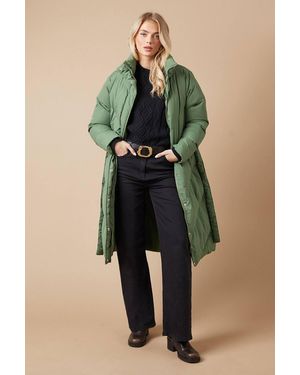 Oasis Belted Midi Padded Funnel Neck Coat - Green