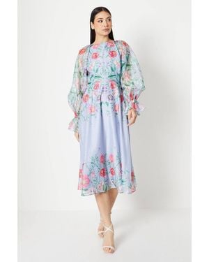 Coast Placement Print Cloudy Organza Midi Dress - Blue