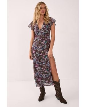 Nasty Gal Dobby Floral Ruffle Lace Up Back Midi Dress - Brown