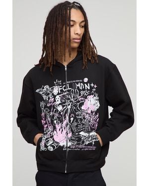 Boohoo Oversized Boxy Ofcl Graffiti Printed Zip Through Hoodie - Black