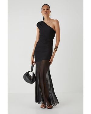 MissPap Mesh Ruched One Shoulder Maxi Dress - Black