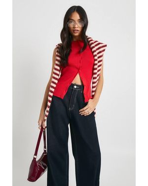 Boohoo Ribbed Button Front Longline Top - Red