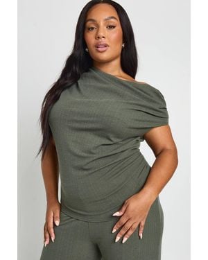 Boohoo Plus Ribbed Asymmetric Top And Wide Leg Trouser - Green