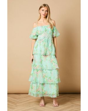 Oasis Lace Trim Tiered Off Shoulder Midi Dress - Green