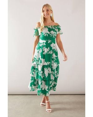 Wallis Petite Off-Shoulder Tiered Midaxi Dress - Green